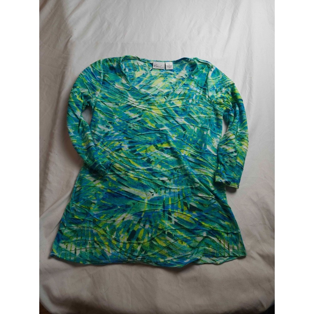 Kim Rogers Shirt Top Womens S Green Abstract Print Long Sleeve Tunic Scoop Neck‎
